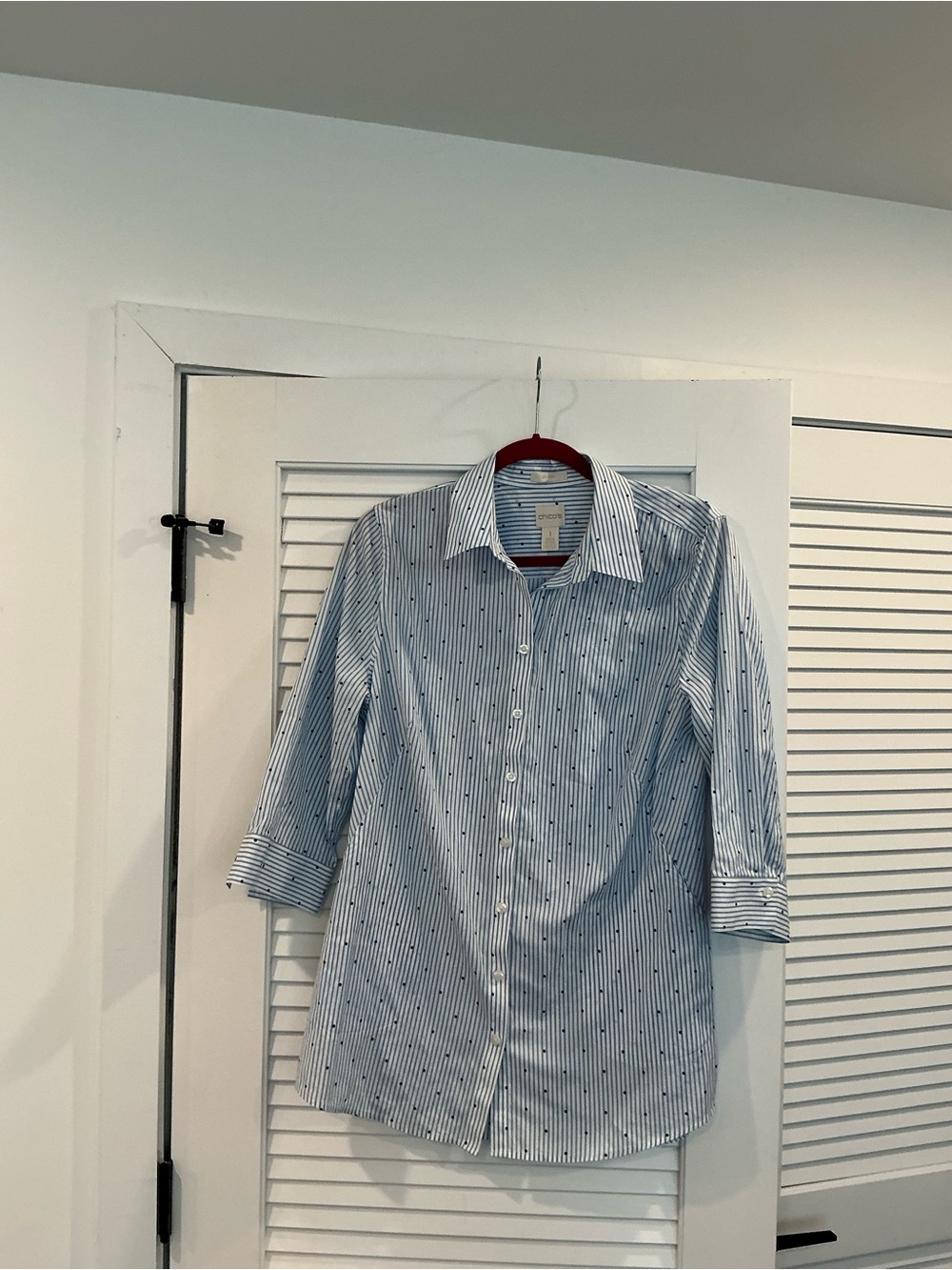 Chico's Light Blue and Navy Striped Button-Down Shirt preppy minimalist casual